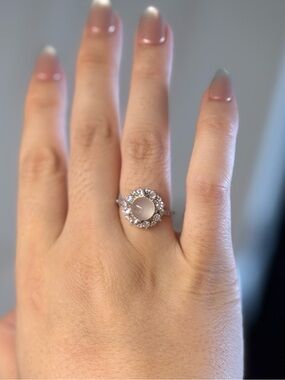 White Chalcedony Halo Ring Adjustable Silver Tone Ethereal Statement